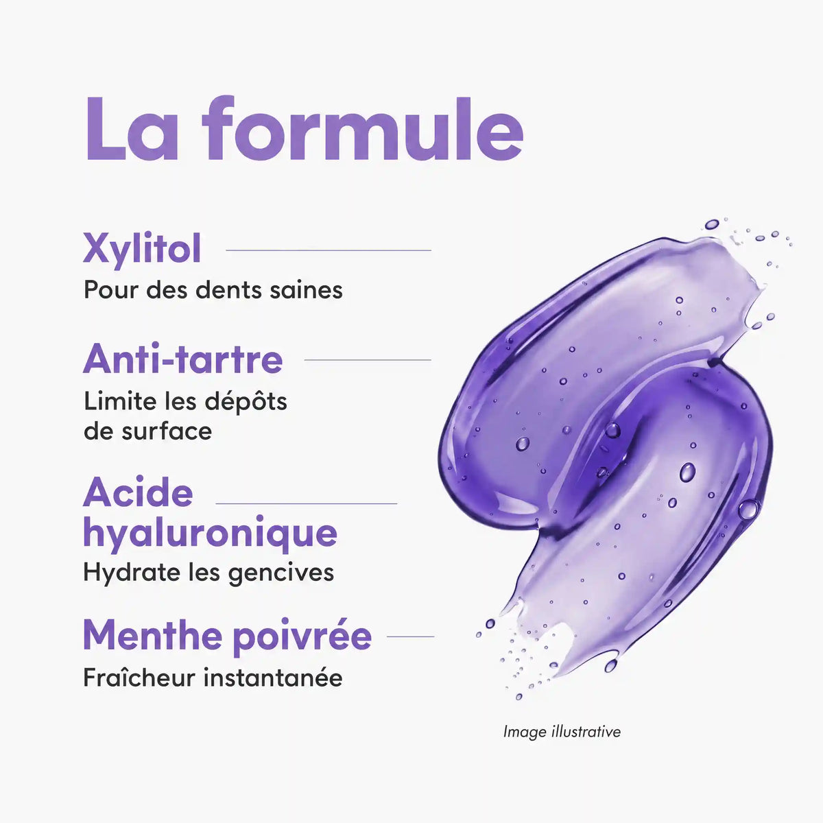MR.SMILE - La formule - Xylitol, Anti-tartre, Acide hyaluronique, Menthe poivrée